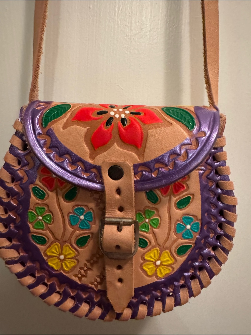 Vintage Hand-Tooled Leather Floral Crossbody Purse